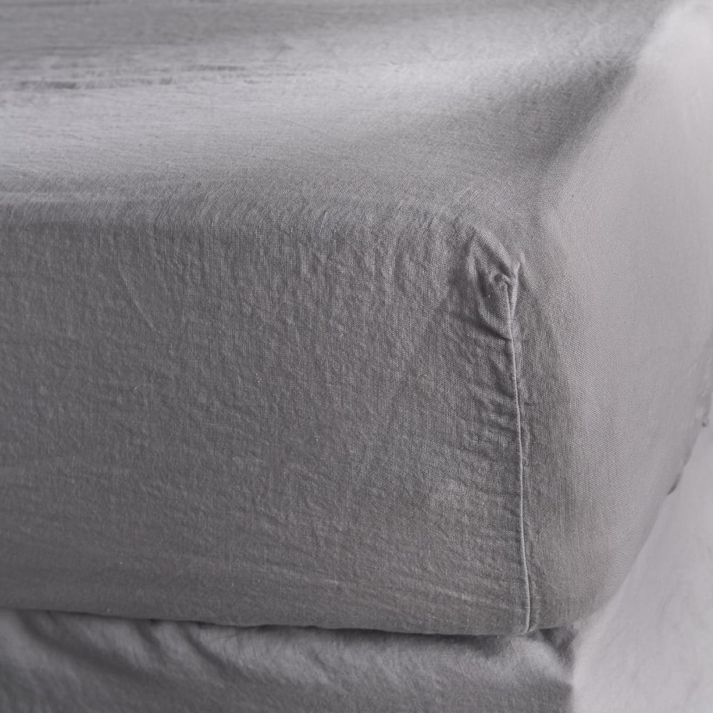 Drap housse Lin lavé 2 personnes uni  180x200 cm Gris clair