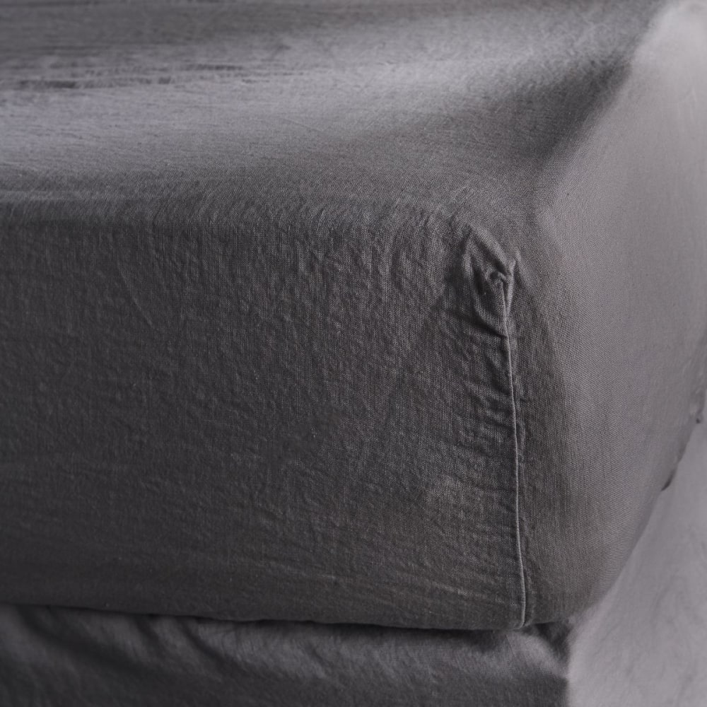 Drap housse Lin lavé 2 personnes uni  140x190 cm Gris anthracite