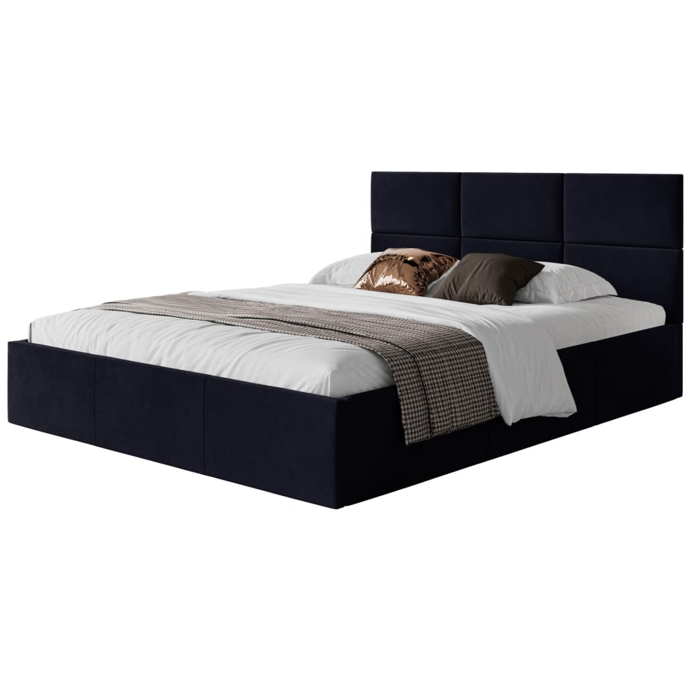 Lit coffre avec tête de lit 180x200, en velours bleu marine