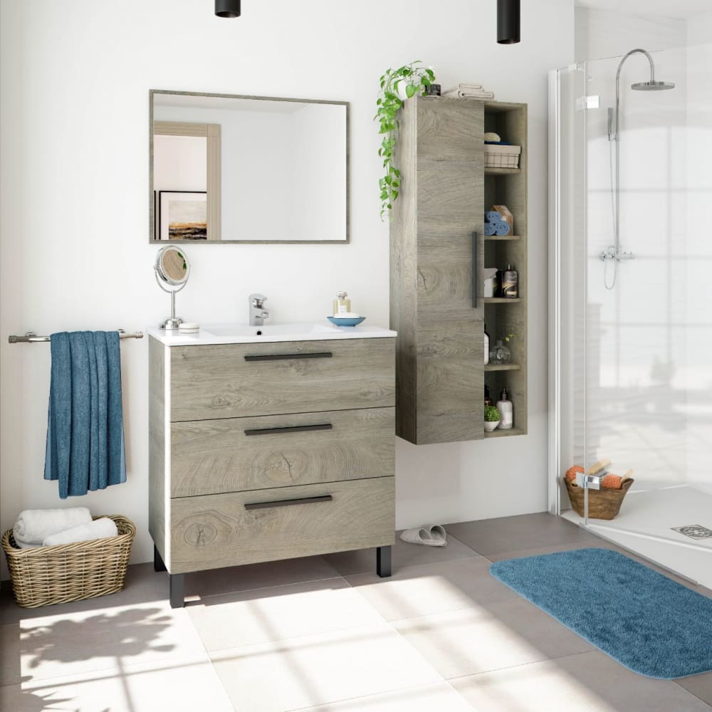 mueble de bano 80 3 cajones  espejo melamina roble alaska