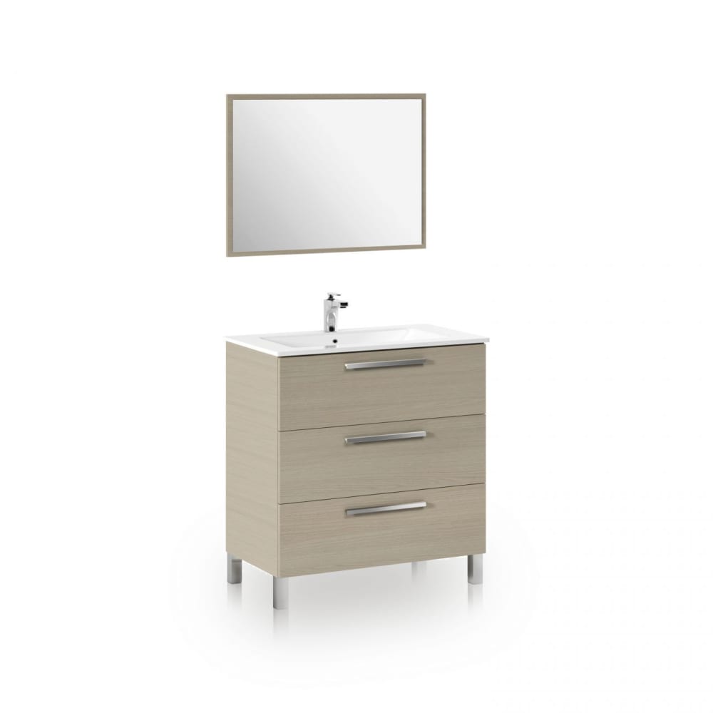 mueble de bano de 3 cajones con espejo 80 cm melamina roble