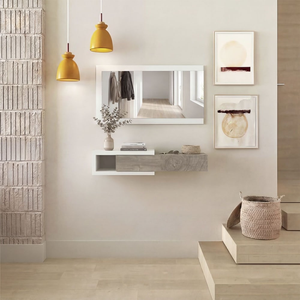 mueble recibidor con 1 cajon y espejo 95 cm blanco   roble alaska