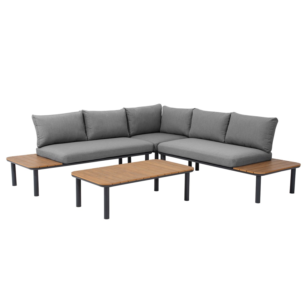 Salon de jardin d'angle 5 places en aluminium/bois gris