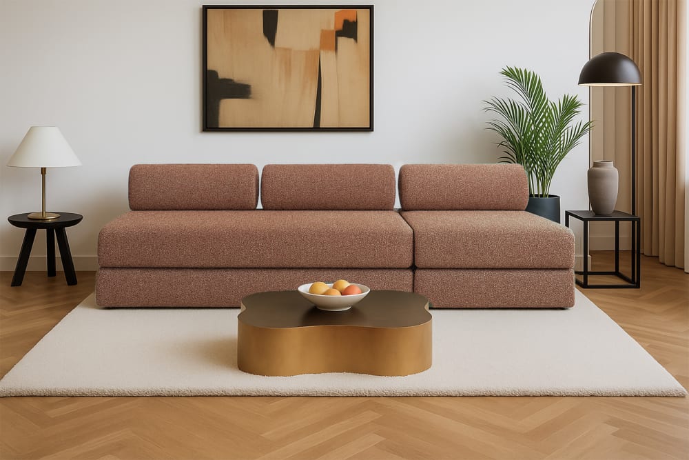 Canapé droit convertible et modulable 4 places en tweed rouge