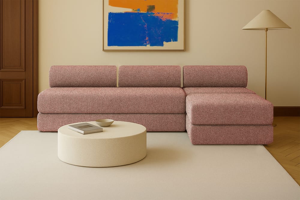 Canapé droit convertible et modulable 6 places en tweed rouge