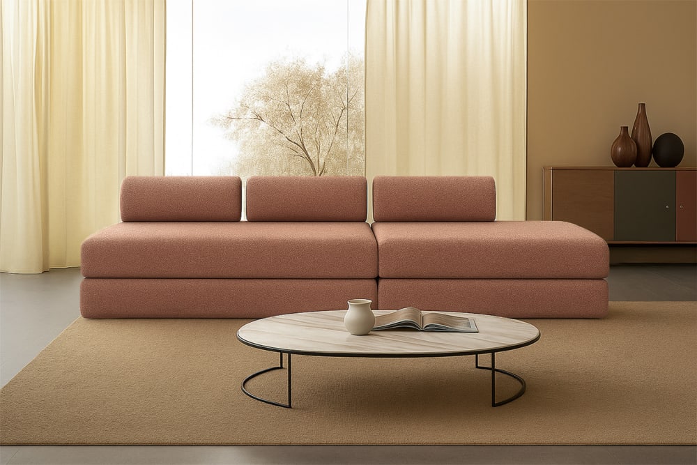 Canapé droit convertible et modulable 5 places en tweed rouge