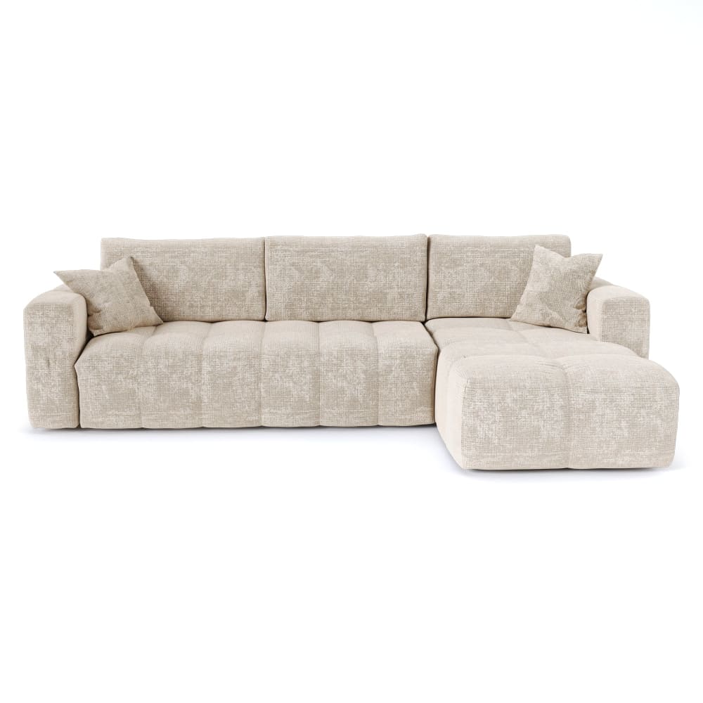 Canapé angle droit convertible express 5 places velours gaufré crème