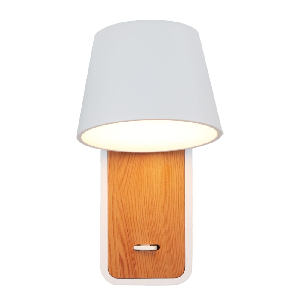 Applique murale blanche et bois avec spot LED 6W et interrupteur 15cm