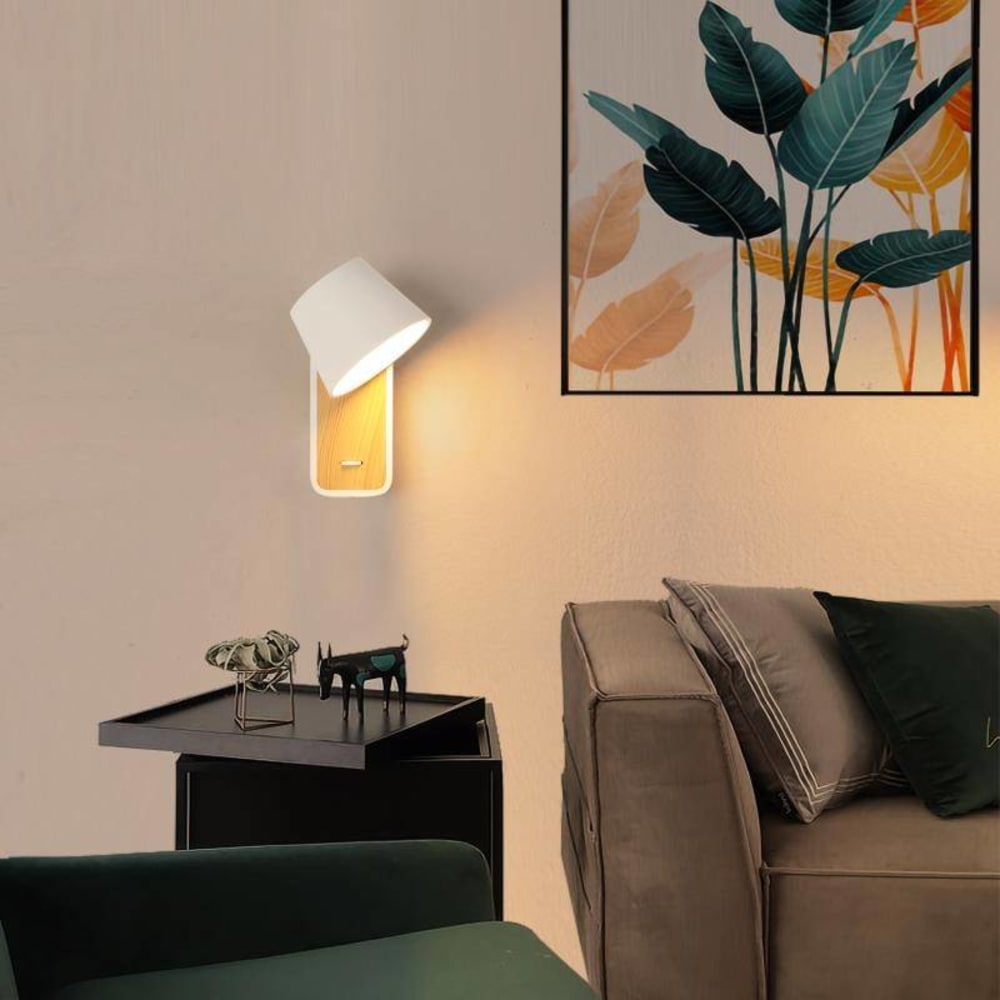 Applique murale blanche et bois avec spot LED 6W et interrupteur 15cm — vue 3