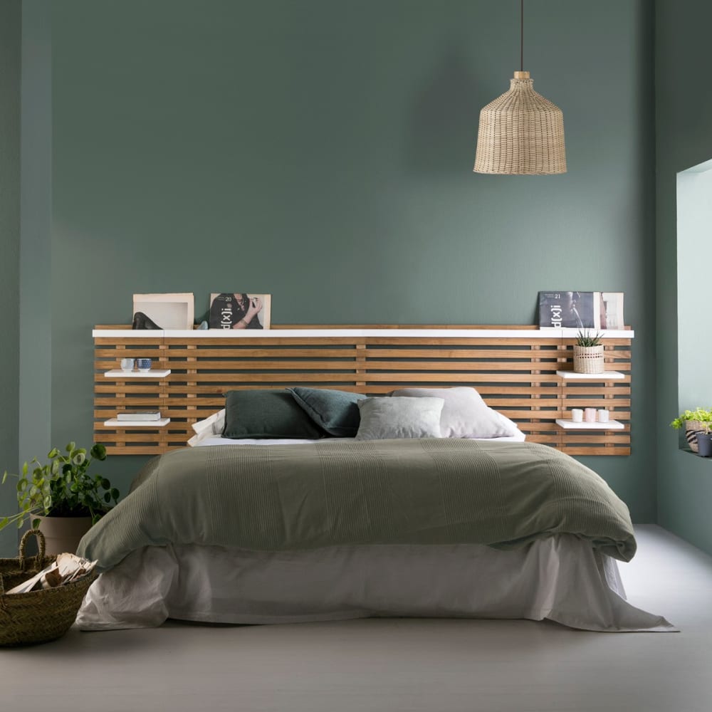 Tête de lit en lattes de bois clair / blanc 240 cm chevet intégrés