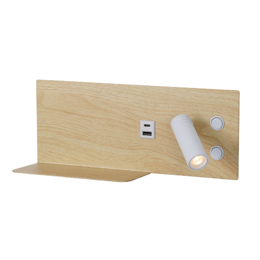 Applique murale bois LED 7W + 3W liseuse USB-C droite 30cm