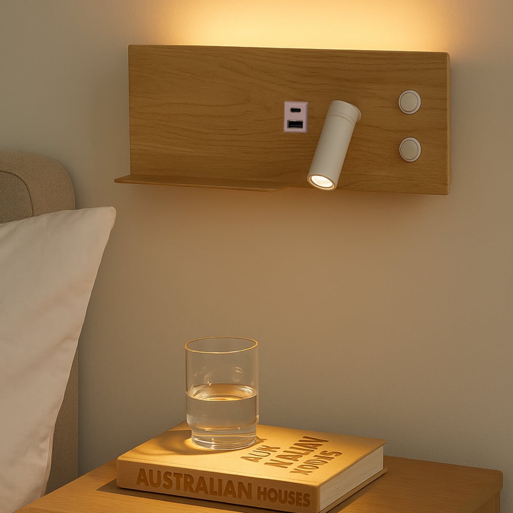 Applique murale bois LED 7W + 3W liseuse USB-C droite 30cm — vue 3