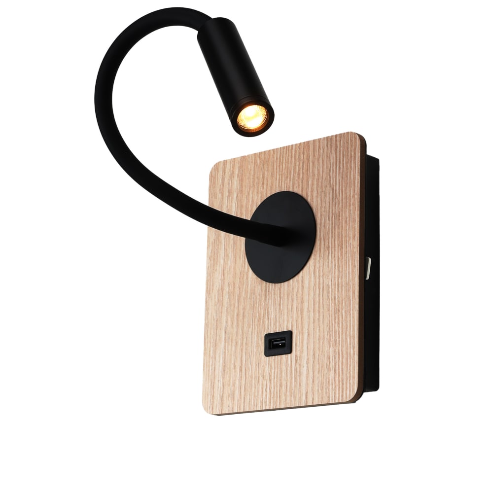 Applique murale en bois avec spot de lecture noir 3W 17x13cm