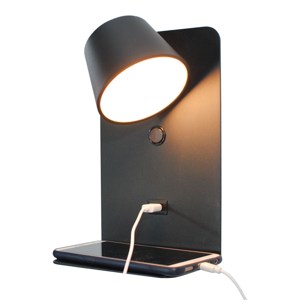 Applique noire avec interrupteur, LED 6W et charge USB-C 22.5x14cm