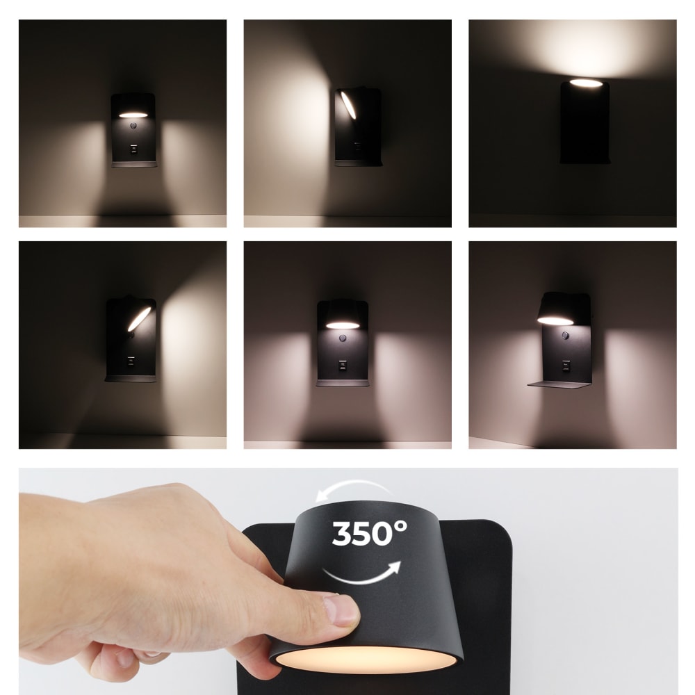 Wandleuchte mit Schalter, LED 6W, USB-C, Schwarz - Maisons Du