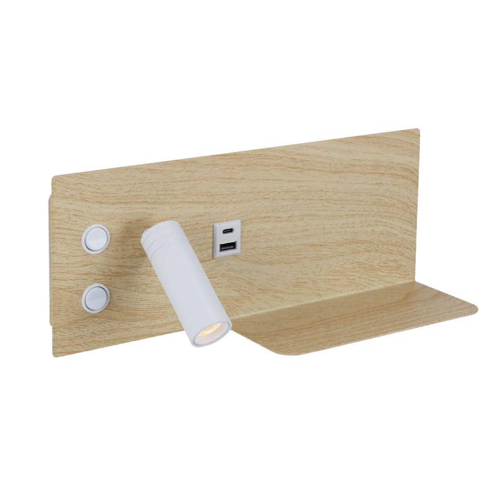 Applique murale bois LED 7W + 3W liseuse USB-C gauche 30cm