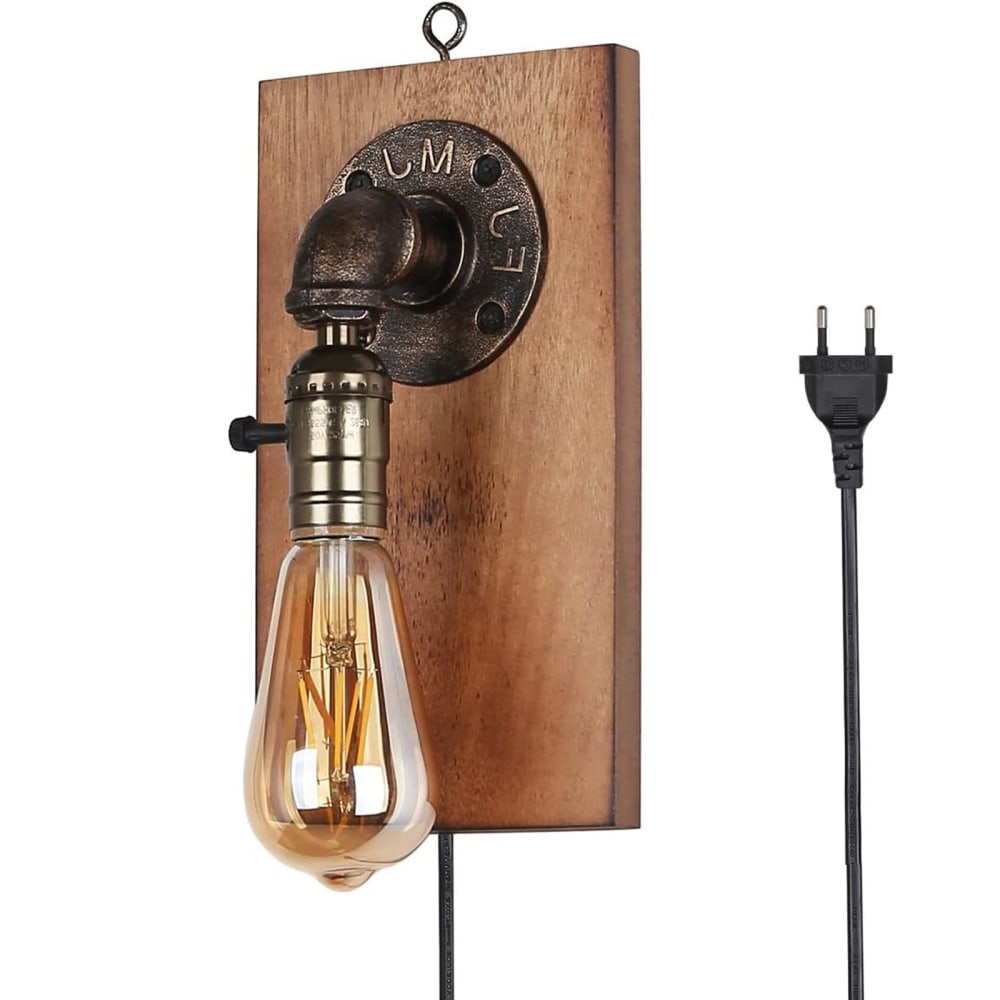 Applique murale en bois naturel style industriel avec câble 26cm