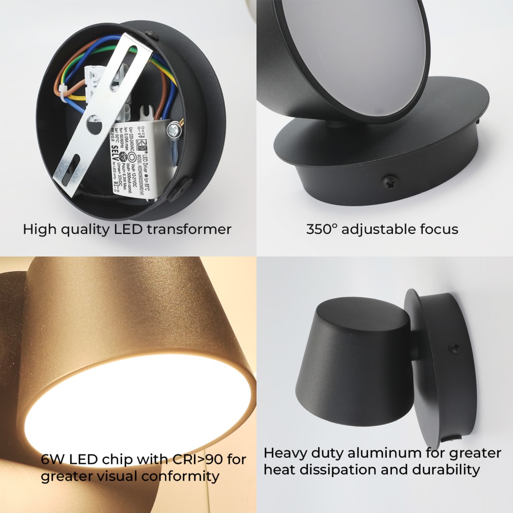 Applique murale noire avec spot de lecture LED 6W orientable 11.8cm — vue 4