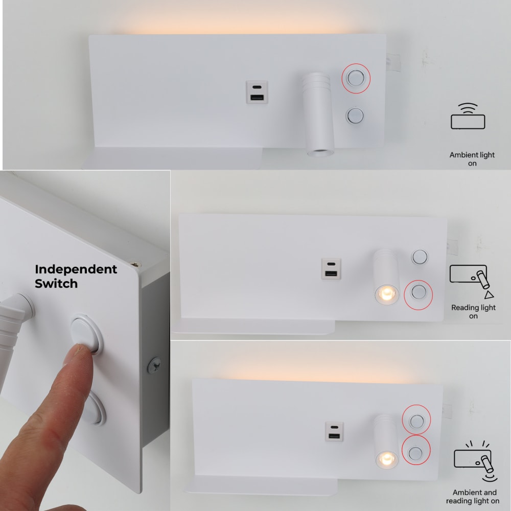 Applique murale blanche LED 7W + 3W liseuse USB-C droite 30cm — vue 4