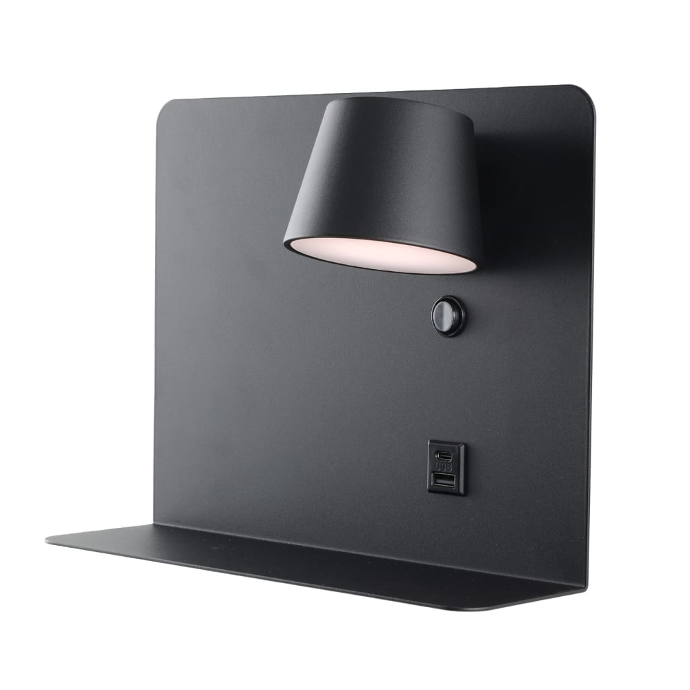 Applique murale noire avec USB-C et LED 6W dimmable 28cm