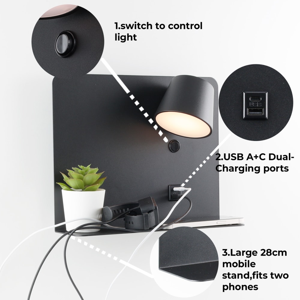 Applique murale noire avec USB-C et LED 6W dimmable 28cm — vue 4