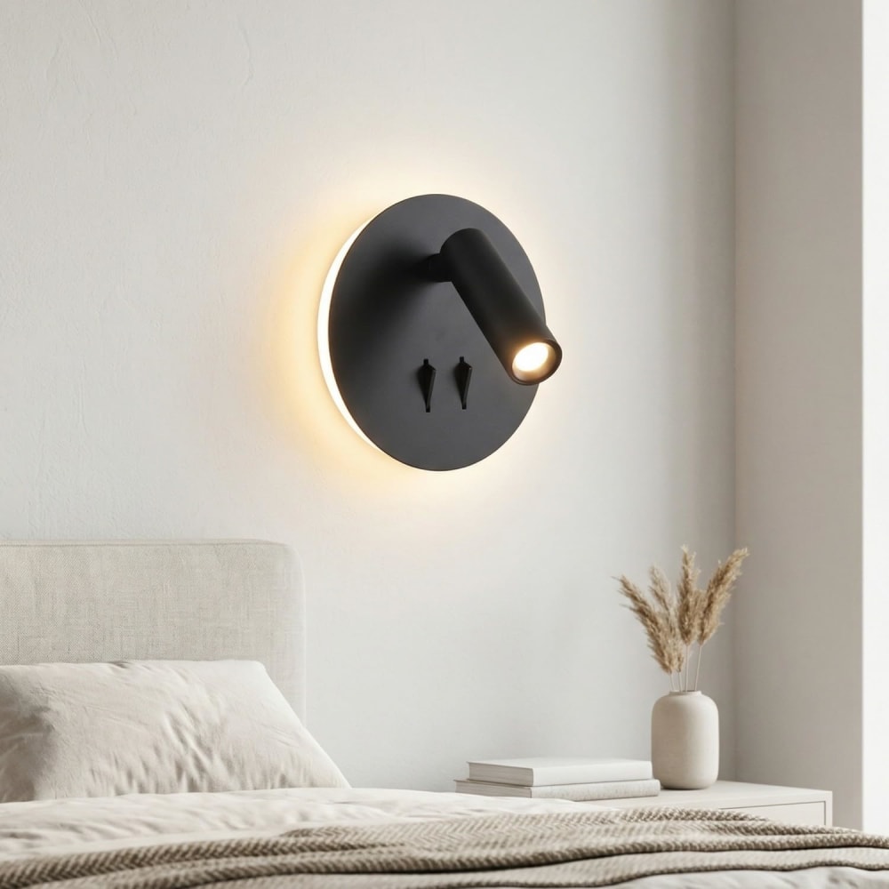 Applique murale noire avec spot lecture 3W et lumière ambiante 6W 15cm — vue 3