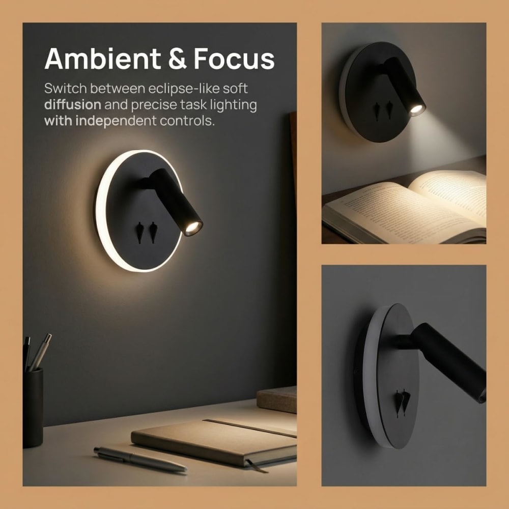 Applique murale noire avec spot lecture 3W et lumière ambiante 6W 15cm — vue 4