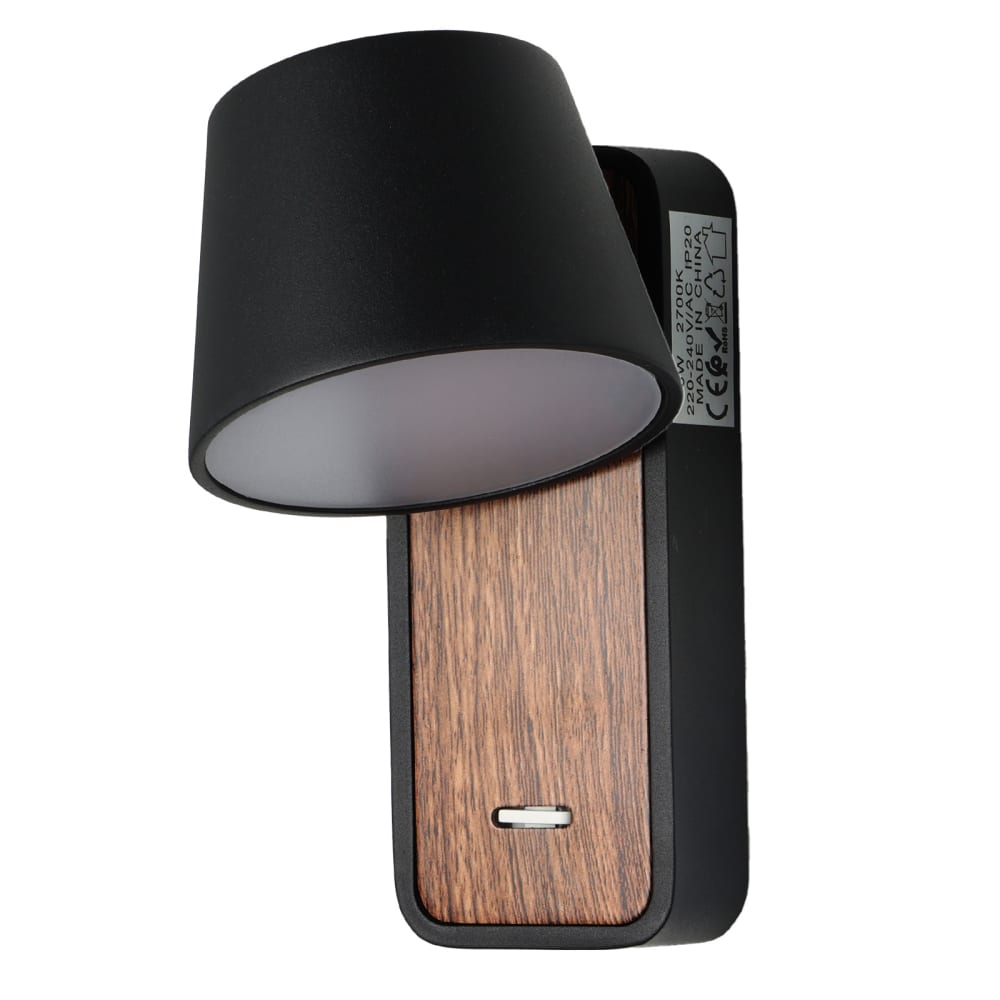 Applique murale noire et bois avec spot LED 6W et interrupteur 15cm