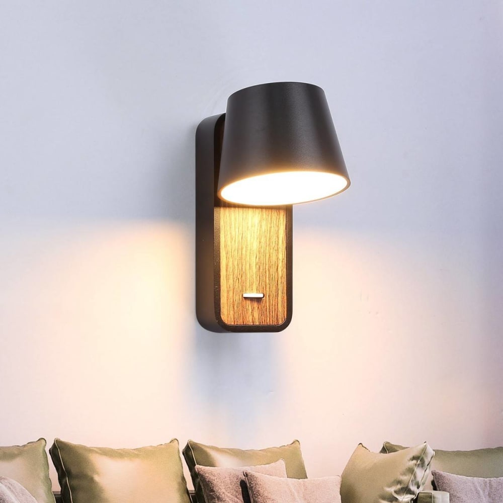 Applique murale noire et bois avec spot LED 6W et interrupteur 15cm — vue 3