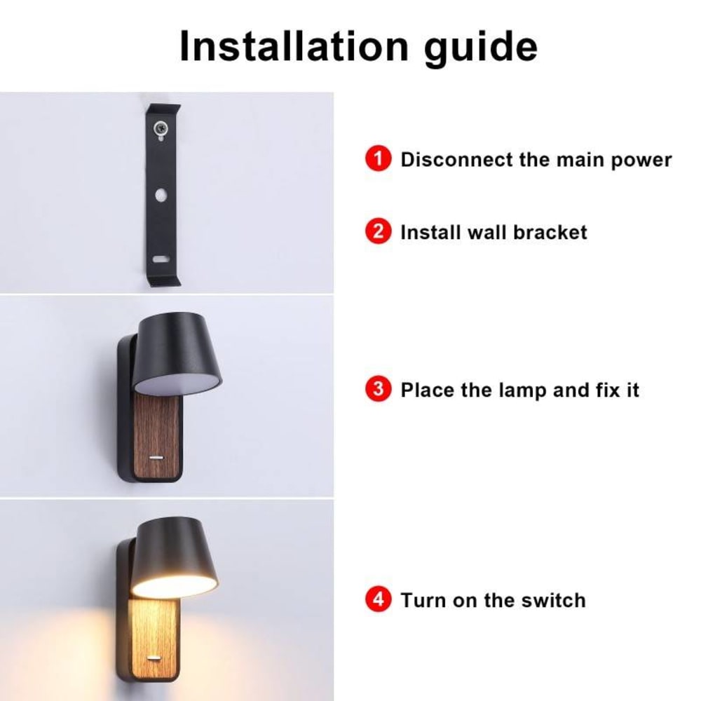 Applique murale noire et bois avec spot LED 6W et interrupteur 15cm — vue 4