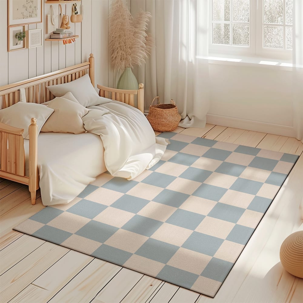 Tapis de jeu enfant carreaux bleu 85x130cm