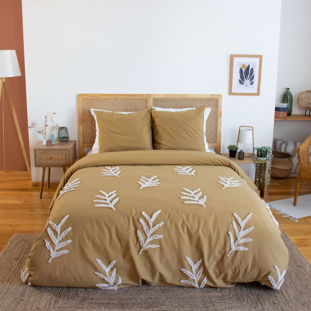 Parure de lit coton lavé tuftée feuilles beige 240 x 260