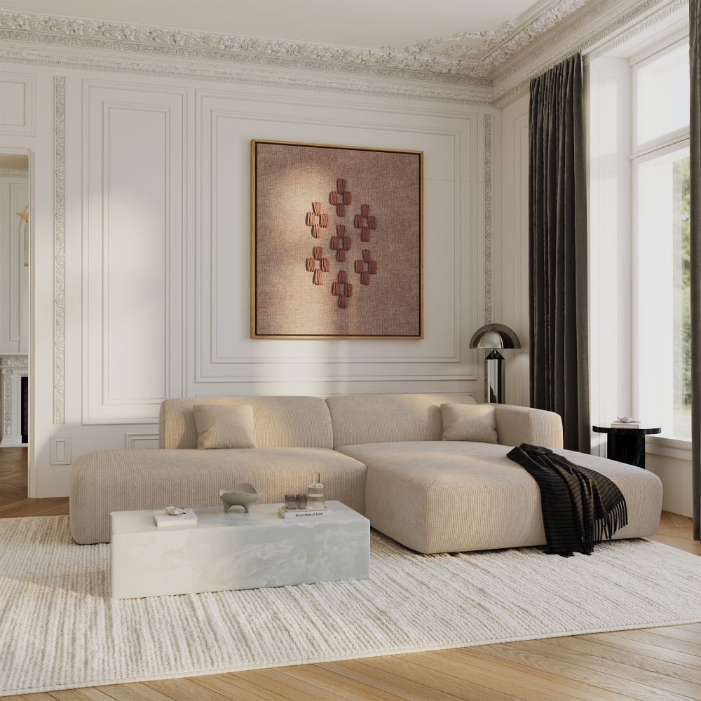 Canapé angle droit ouvert velours côtelé beige 5 places