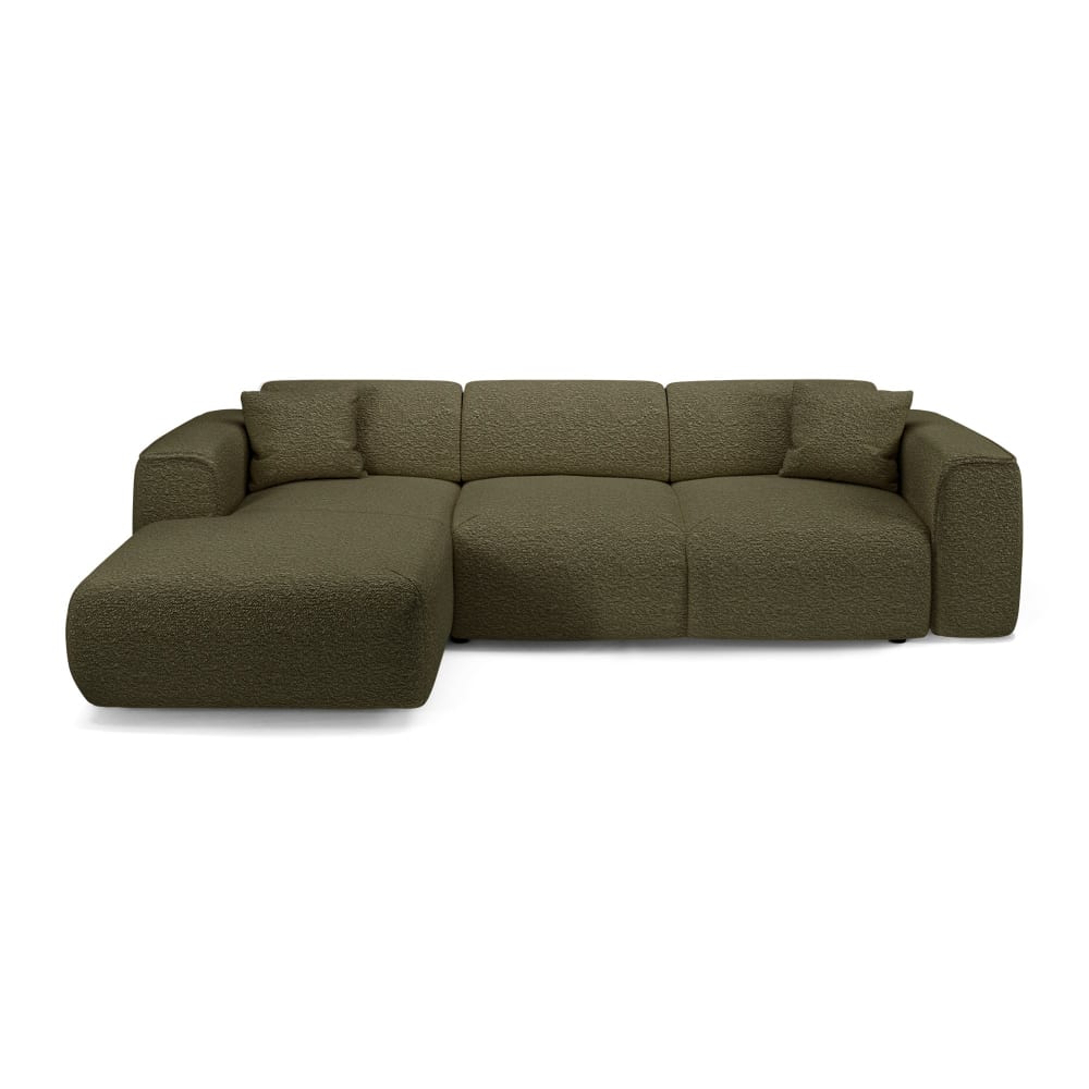 Canapé convertible angle gauche 5 places en tissu bouclette vert olive