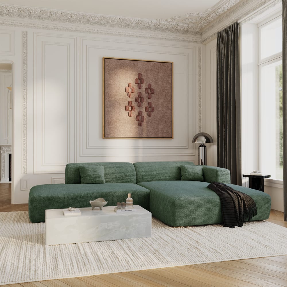 Canapé angle droit ouvert 5 places en velours à motifs vert émeraude