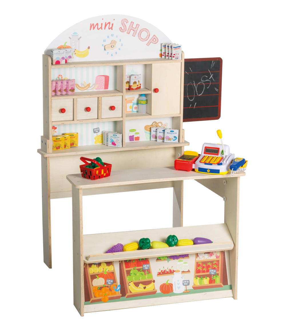 roba Kaufladen mit Theke, Tafel, Schiebetür & Zubehör, Holz natur BRAUN SPANPLATTE Kinder