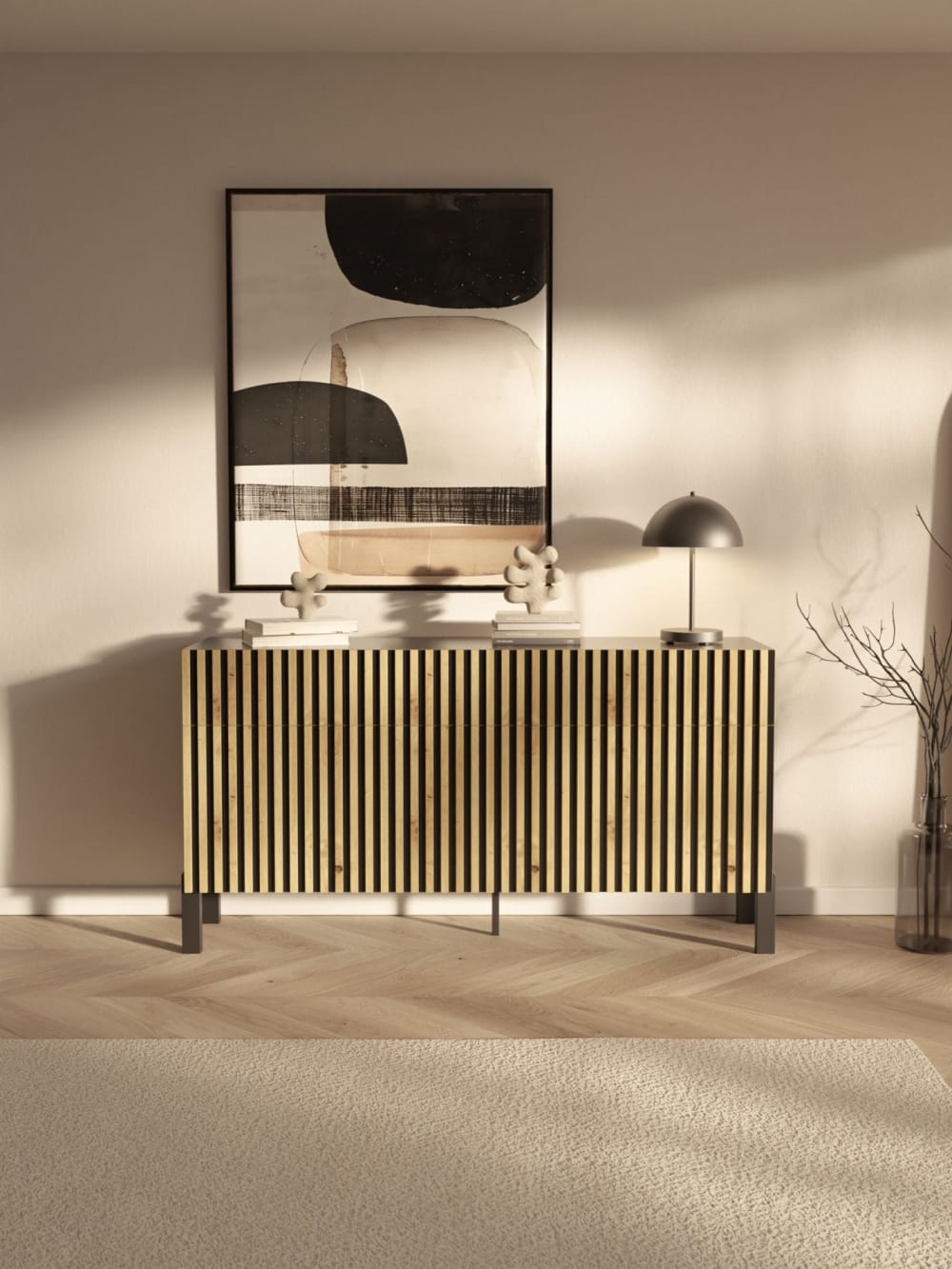 Sideboard 3-türig, 3 Schubladen, Schwarz/Eiche-Optik, 154 cm -