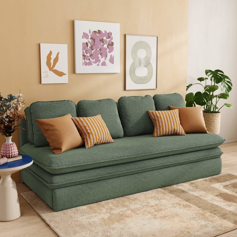 Banquette en tissu bouclette 3 places vert kaki Banquette en tissu bouclette 3 places vert kaki