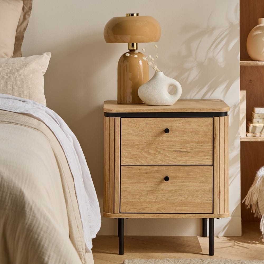 Table de chevet 2 tiroirs effet bois clair H55 cm