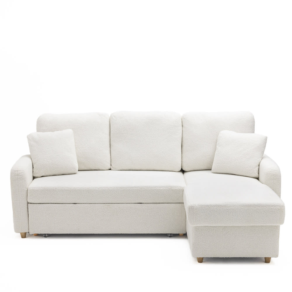 Canapé d'angle 3 places en tissu bouclette avec coffre - Blanc
