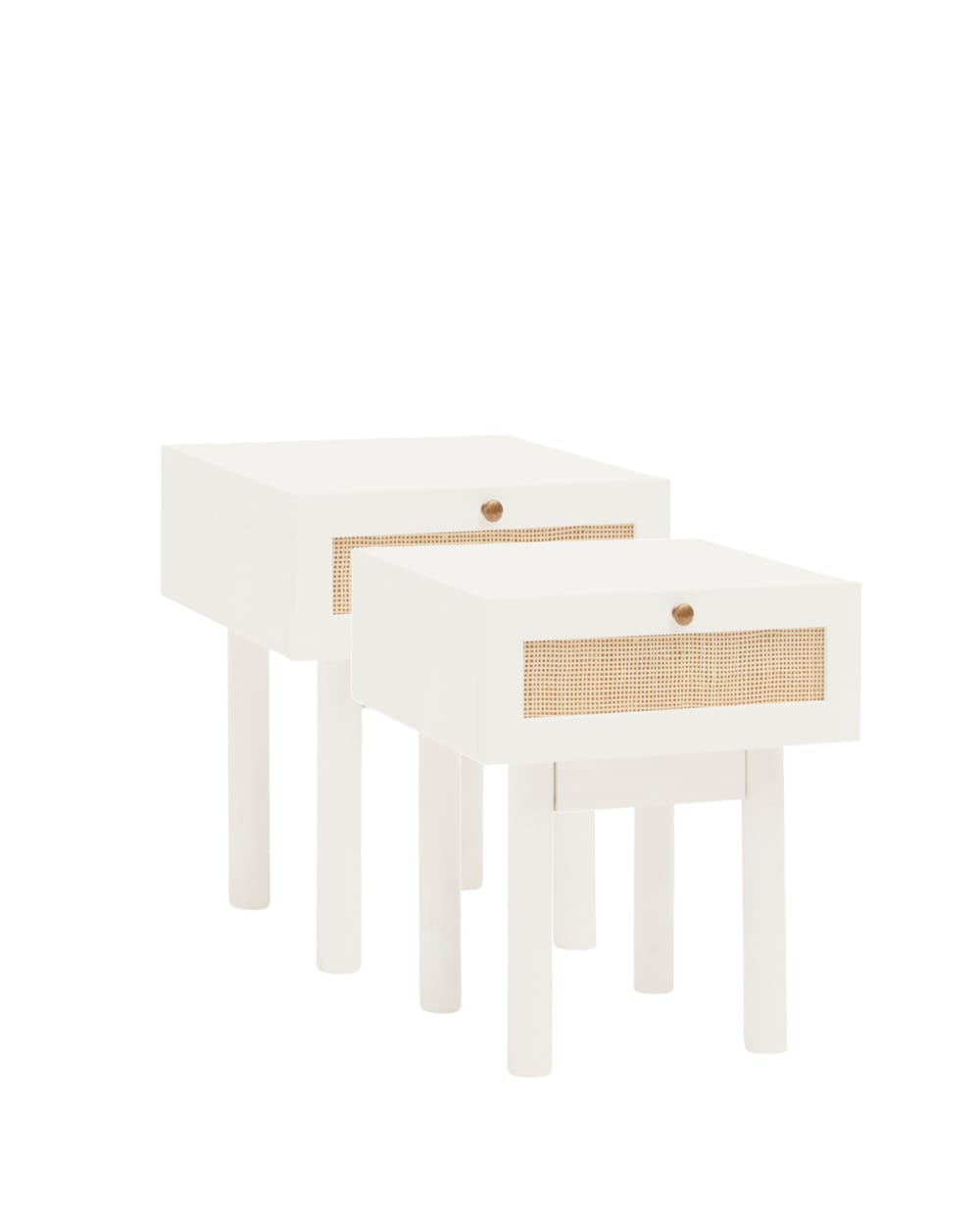 Ensemble 2 tables de chevet en bois et rotin blanc 40x45cm