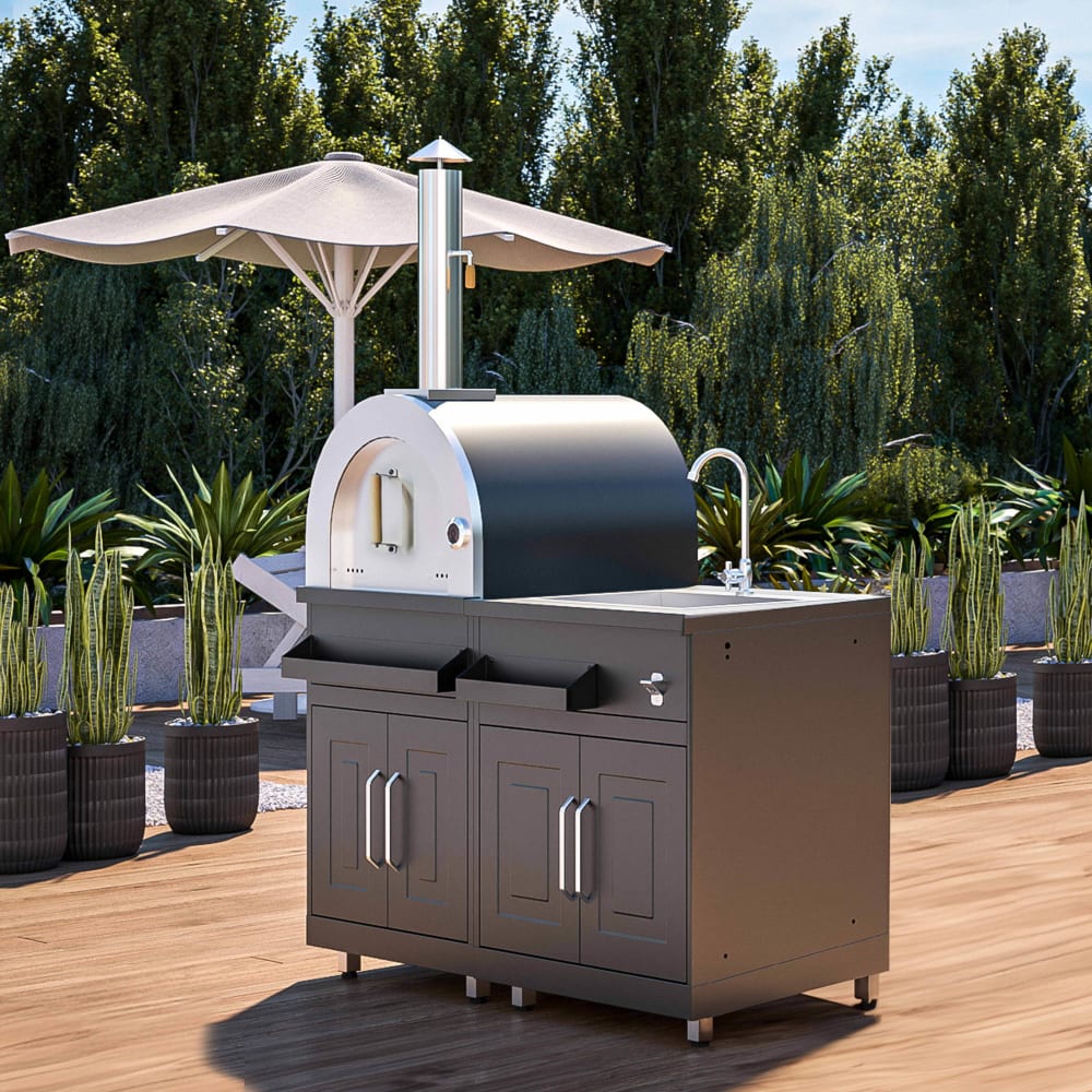 Cuisine extérieure en métal avec 2 modules évier et four à pizza