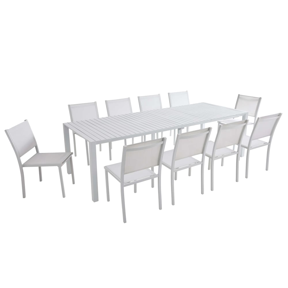 Table de jardin extensible aluminium 52 à 260cm et 10 chaises blanche