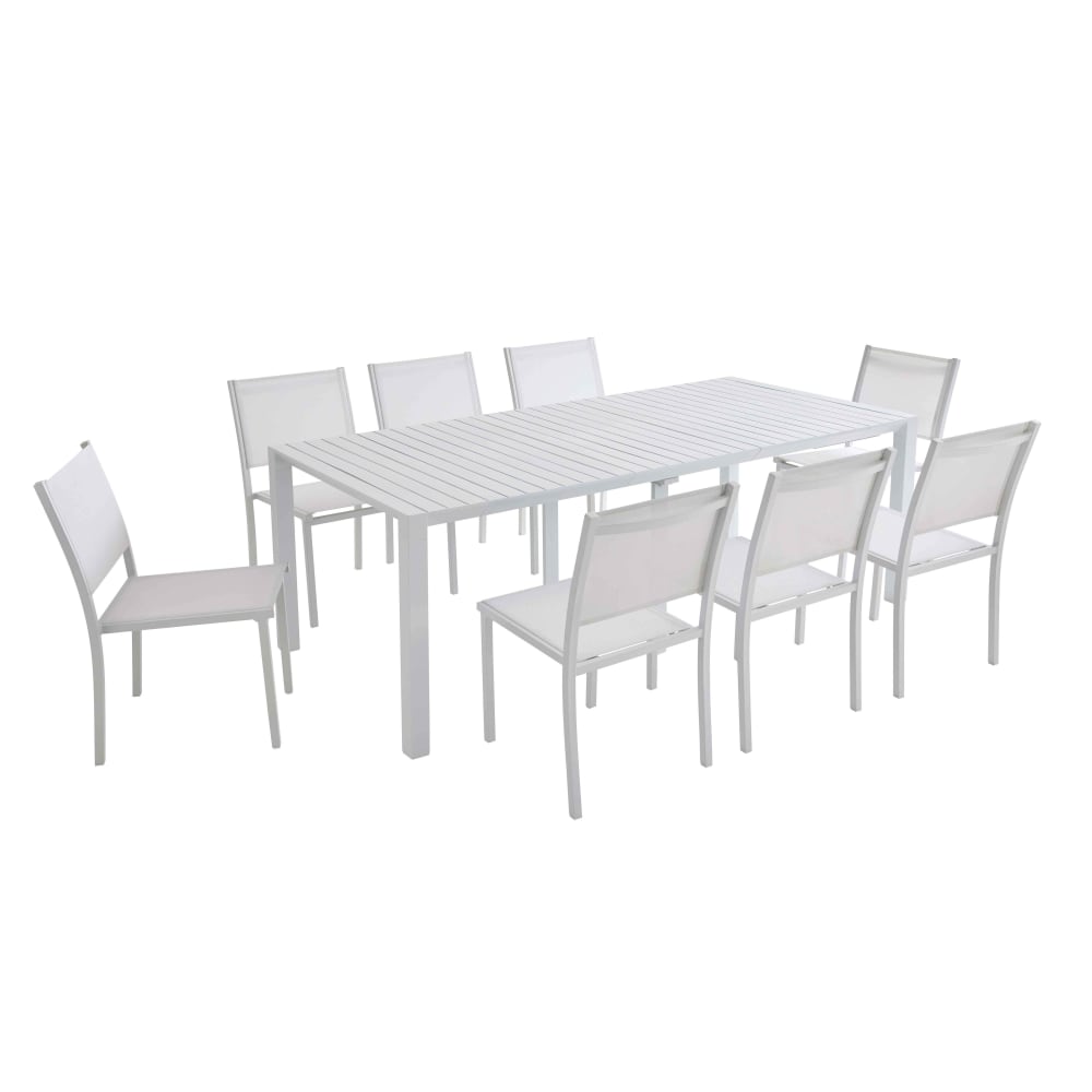 Ensemble table extensible et 8 chaises de jardin en aluminium blanc