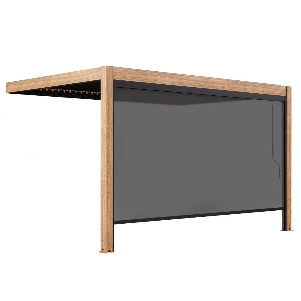 Pergola bioclimatique adossée 3x4m et 1 store bois gris