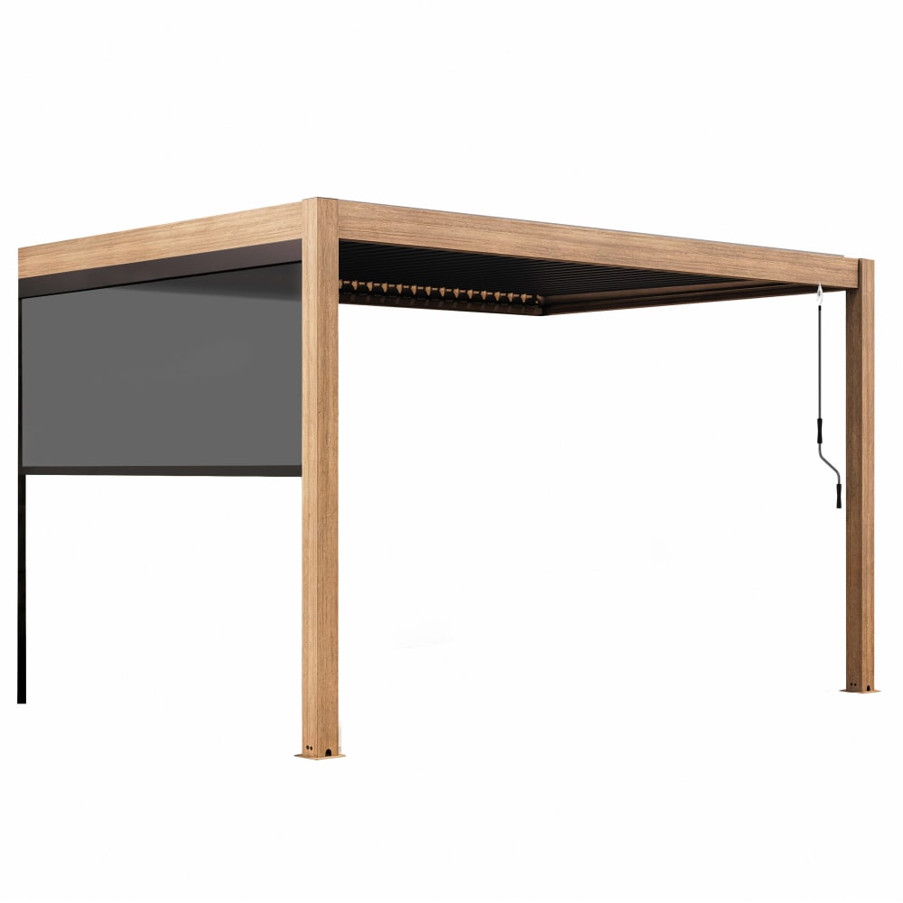 Pergola bioclimatique adossée 3x4m et 1 store en bois gris