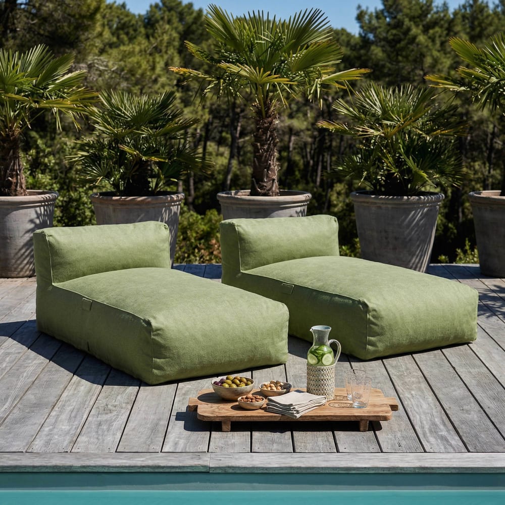 Salon de jardin modulable avec 2 méridiennes vert cactus