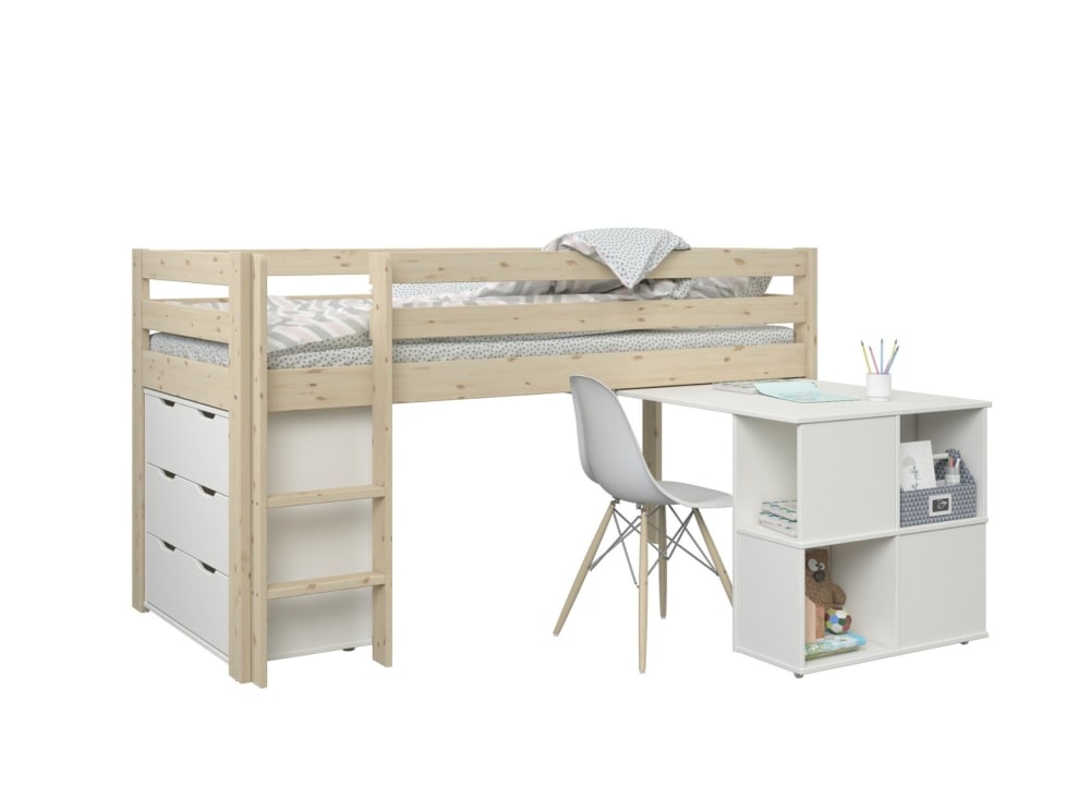 Lit mi-hauteur 90x200 avec bureau et commode Blanc et Pin