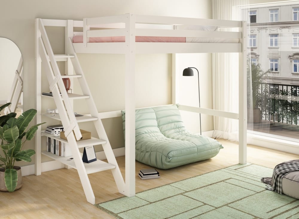 Lit mezzanine 2 places avec escalier 140x200 Blanc