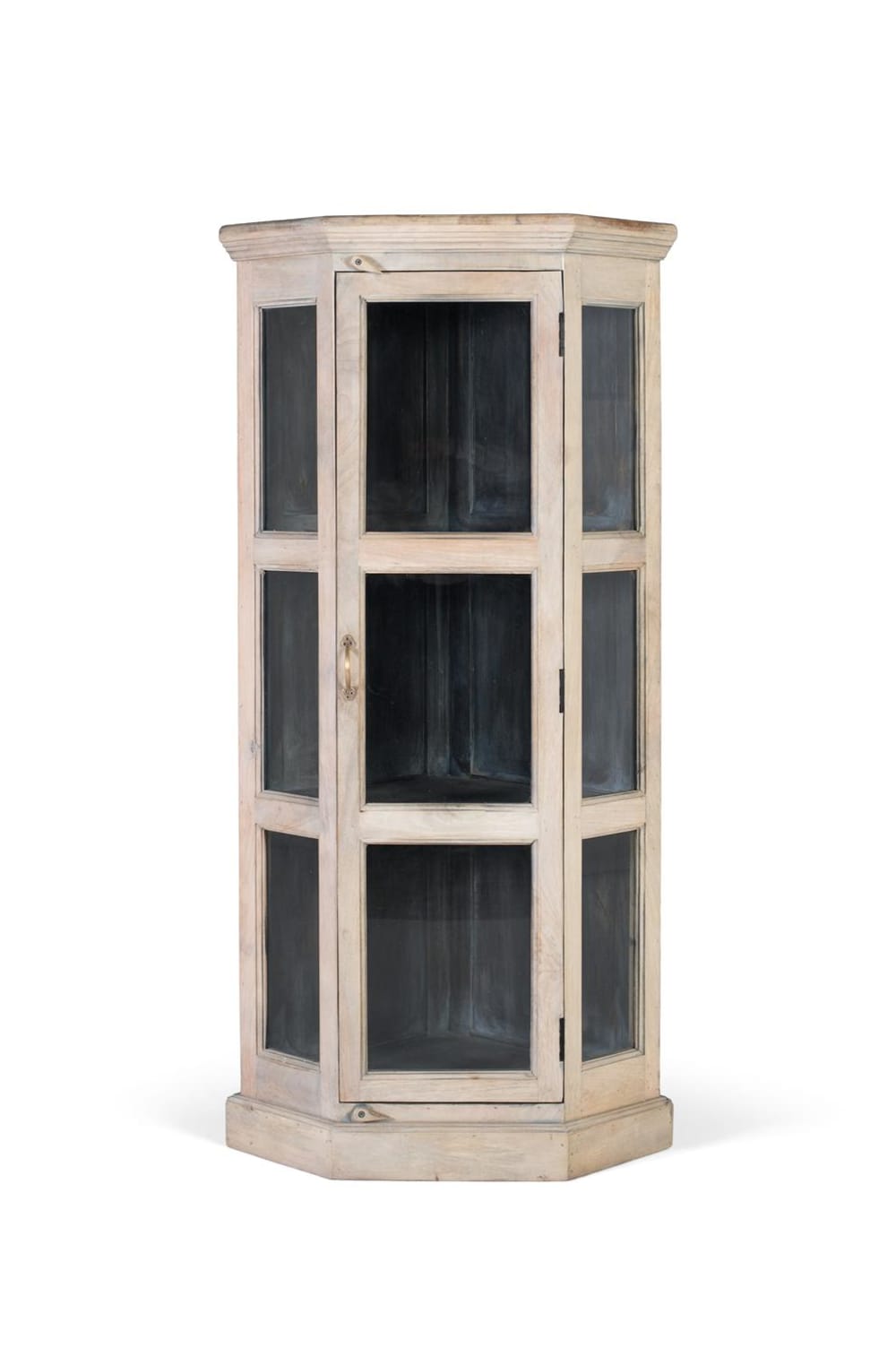 Vitrine d'angle en bois de manguier avec porte vitrée